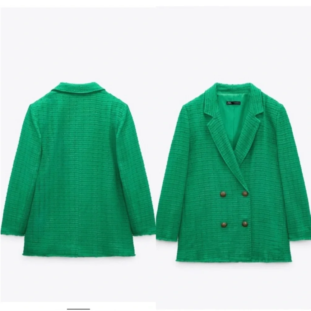 Zara Textured Double Breasted Blazer Tweed Longline Fall Boho Green Sz Large NWT - Picture 3 of 11